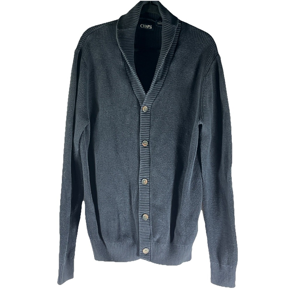 Chaps Shawl Collar Knit Cardigan Button Up Sweater Men's Large Blue Heavy Cotton